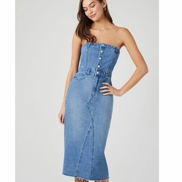 Sincerely Jules Denim Strapless Midi Dress Back Slit Size Medium NWT - Picture 2 of 13